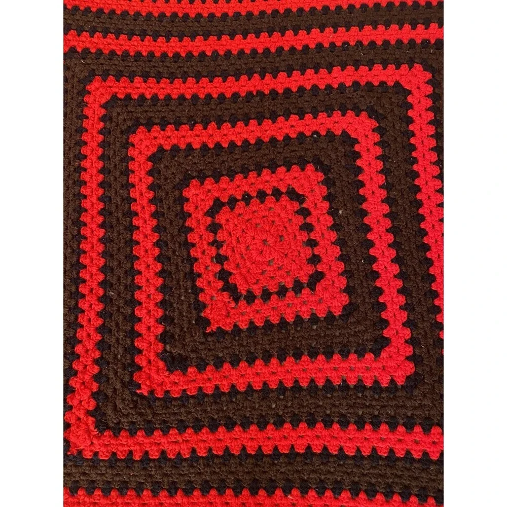 Handmade Red/Brown/Black Crochet Throw Afghan Cottagecore Blanket Sz 80x80